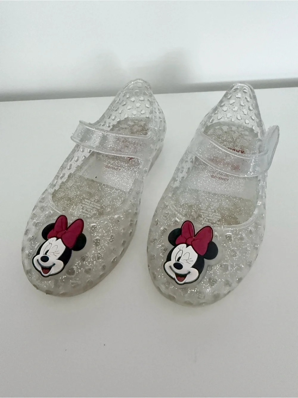 Disney Clear Glitter Minnie Mouse Jelly Mary Jane Shoes with Pink Bow
